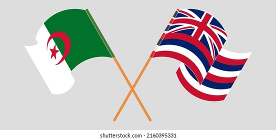 Crossed and waving flags of Algeria and The State Of Hawaii. Vector illustration
