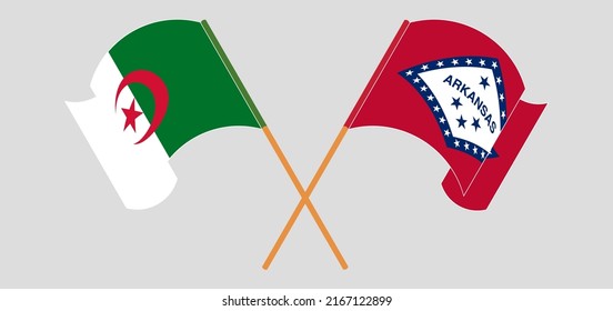 Crossed and waving flags of Algeria and The State of Arkansas. Vector illustration
