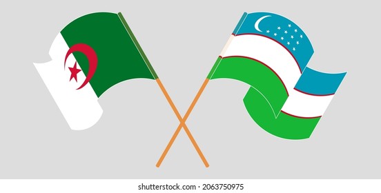 Crossed and waving flags of Algeria and Uzbekistan