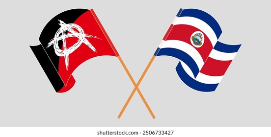 Crossed and waving flags of Anarchy and Costa Rica. Vector illustration
