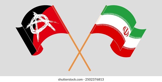 Crossed and waving flags of Anarchy and Iran. Vector illustration

