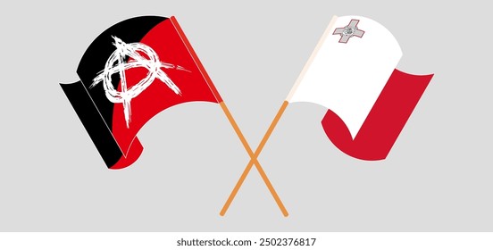 Crossed and waving flags of Anarchy and Malta. Vector illustration
