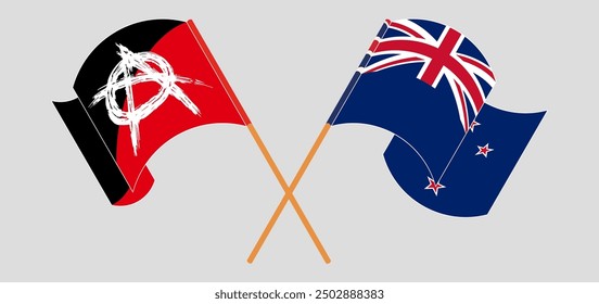 Banderas cruzadas y ondeando de la Anarquía y la Nueva Zelanda. Ilustración vectorial
