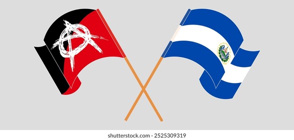 Crossed and waving flags of Anarchy and Republic of El Salvador. Vector illustration.
