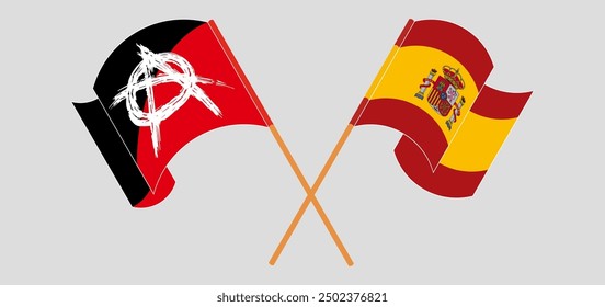 Crossed and waving flags of Anarchy and Spain. Vector illustration
