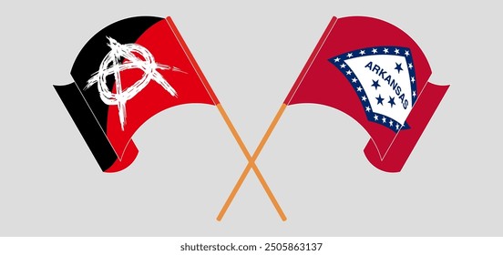 Crossed and waving flags of Anarchy and The State of Arkansas. Vector illustration
