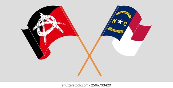 Crossed and waving flags of Anarchy and The State of North Carolina. Vector illustration
