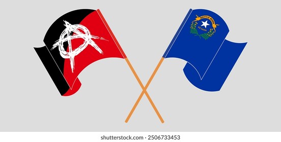 Crossed and waving flags of Anarchy and The State of Nevada. Vector illustration
