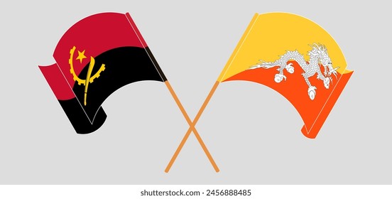 Crossed and waving flags of Angola and Bhutan. Vector illustration
