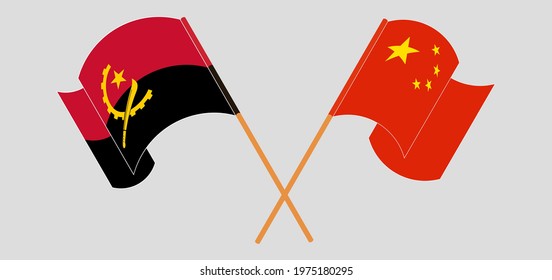 Crossed and waving flags of Angola and China