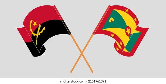 Überquerte und schwellende Flaggen von Angola und Grenada. Vektorgrafik
