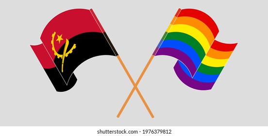 Crossed and waving flags of Angola and LGBTQ