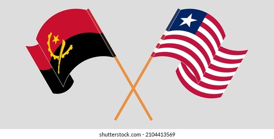 Crossed and waving flags of Angola and Liberia. Vector illustration
