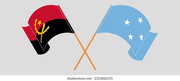 Crossed and waving flags of Angola and Micronesia. Vector illustration
