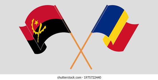 Crossed and waving flags of Angola and Romania