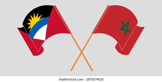 Crossed and waving flags of Antigua and Barbuda and Morocco. Vector illustration
