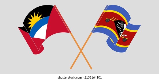 Crossed and waving flags of Antigua and Barbuda and Eswatini. Vector illustration
