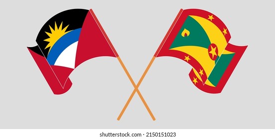 Crossed and waving flags of Antigua and Barbuda and Grenada. Vector illustration
