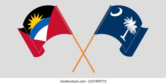 Überquerte und schwellende Flaggen von Antigua und Barbuda und dem Staat South Carolina. Vektorgrafik

