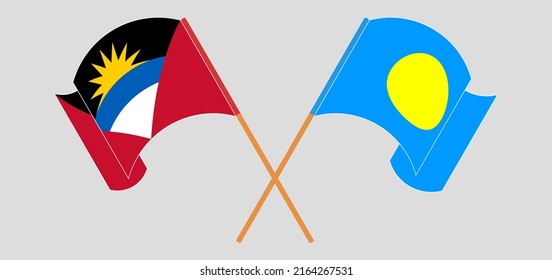 Crossed and waving flags of Antigua and Barbuda and Palau. Vector illustration
