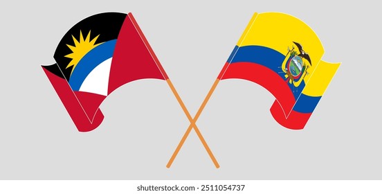 Crossed and waving flags of Antigua and Barbuda and Republic of Ecuador. Vector illustration
