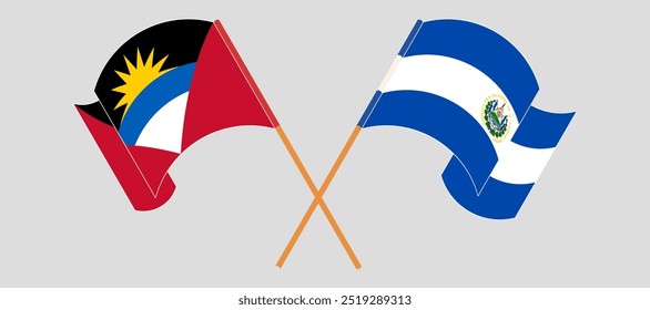 Crossed and waving flags of Antigua and Barbuda and Republic of El Salvador. Vector illustration.
