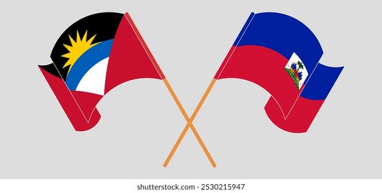 Bandeiras cruzadas e acenando de Antígua e Barbuda e República do Haiti. Ilustração vetorial.
