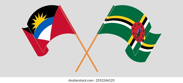 Bandeiras cruzadas e acenando de Antígua e Barbuda e Dominica. Ilustração vetorial.
