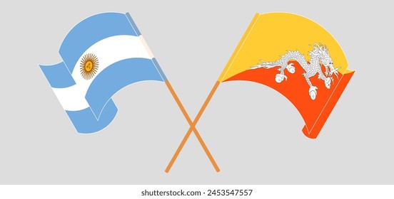 Crossed and waving flags of Argentina and Bhutan. Vector illustration
