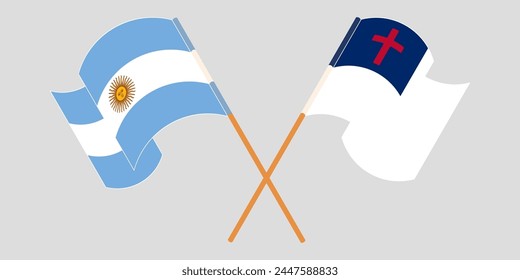 Crossed and waving flags of Argentina and christianity. Vector illustration
