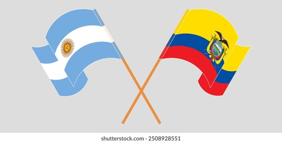 Bandeiras cruzadas e acenando da Argentina e da República do Equador. Ilustração vetorial
