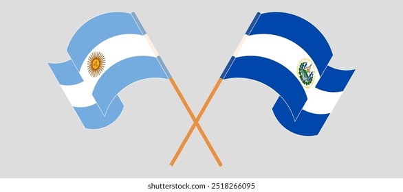 Crossed and waving flags of Argentina and Republic of El Salvador. Vector illustration.
