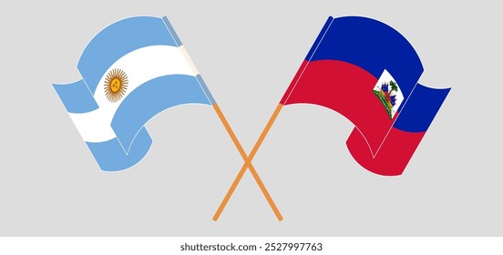 Crossed and waving flags of Argentina and Republic of Haiti. Vector illustration.
