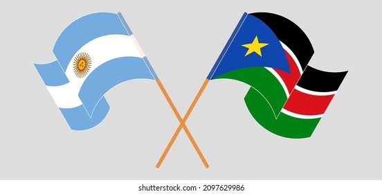 Crossed and waving flags of Argentina and South Sudan. Vector illustration
