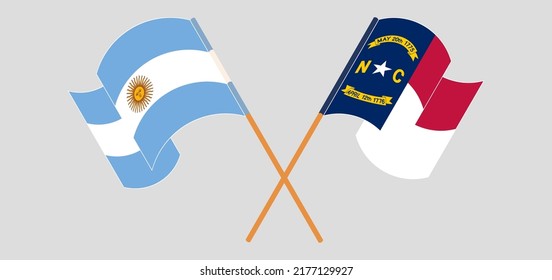 Crossed and waving flags of Argentina and The State of North Carolina. Vector illustration
