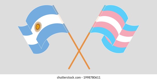 Crossed and waving flags of Argentina and transgender pride