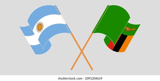 Crossed and waving flags of Argentina and Zambia. Vector illustration
