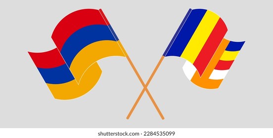 Crossed and waving flags of Armenia and Buddhism. Vector illustration
