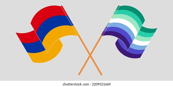 Crossed and waving flags of Armenia and gay men pride. Vector illustration
