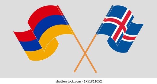 Crossed and waving flags of Armenia and Iceland