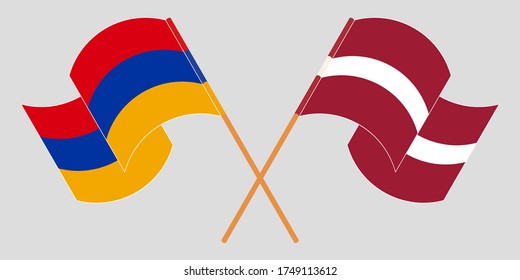 Crossed and waving flags of Armenia and Latvia