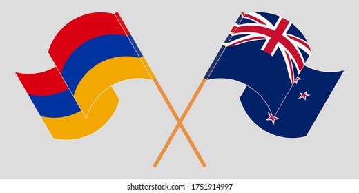 Crossed and waving flags of Armenia and New Zealand