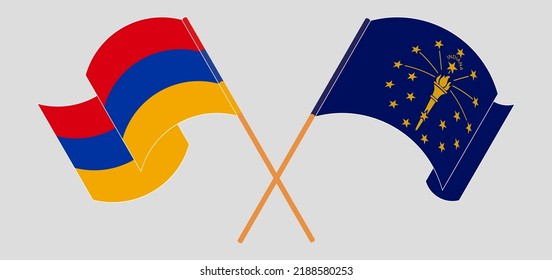 Cruzando y ondeando banderas de Armenia y el Estado de Indiana. Ilustración del vector
