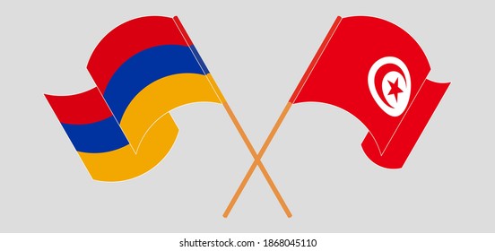 Crossed and waving flags of Armenia and Tunisia