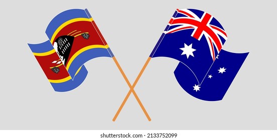 Crossed and waving flags of Australia and Eswatini. Vector illustration
