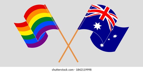 Crossed and waving flags of Australia and LGBTQ
