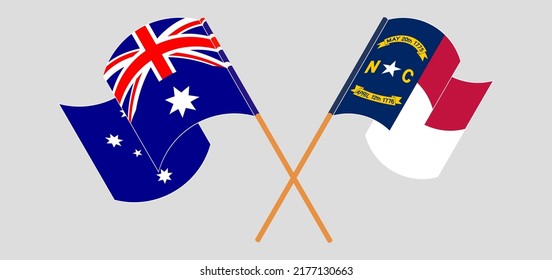 Crossed and waving flags of Australia and The State of North Carolina. Vector illustration
