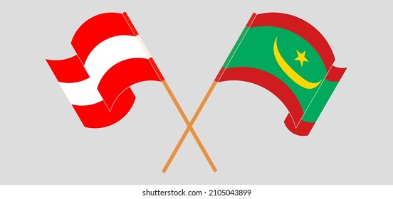 Crossed and waving flags of Austria and Mauritania. Vector illustration
