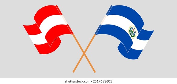 Bandeiras cruzadas e acenando da Áustria e República de El Salvador. Ilustração vetorial.
