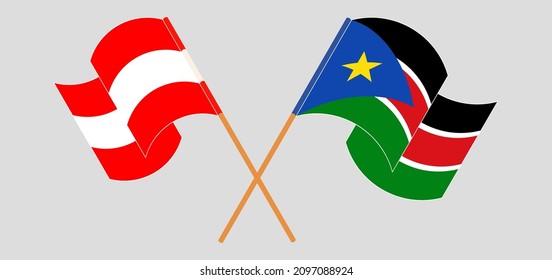 Crossed and waving flags of Austria and South Sudan. Vector illustration
